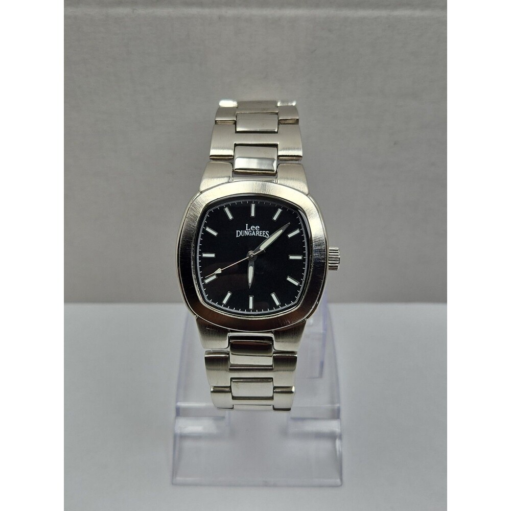 Vintage Lee Dungarees Mens Black Cushion Dial Silver Bracelet Quartz New Battery